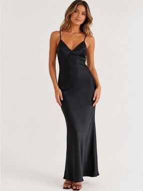 Steve Madden Black Satin Slip Maxi Dress MSRP $160